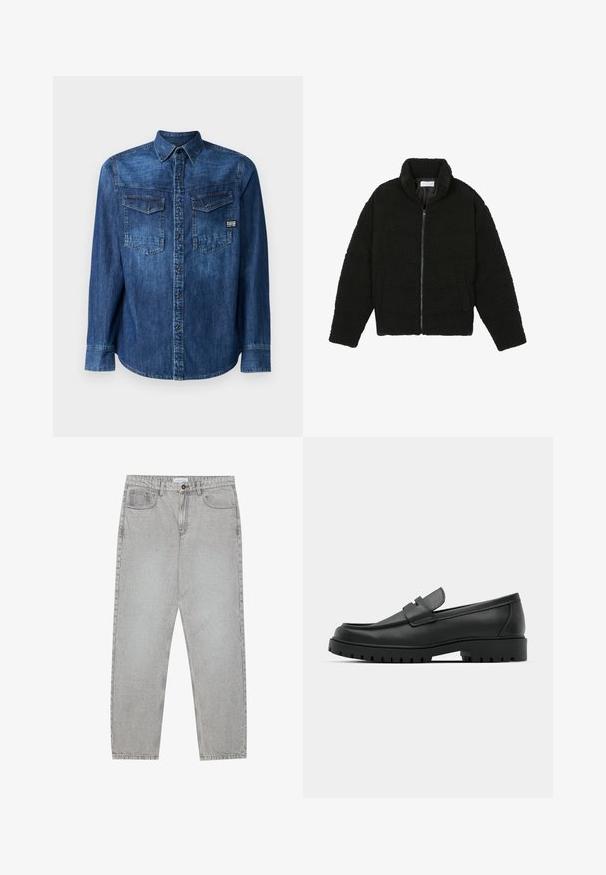 Chaqueta negra y esponjosa con cremallera, hecha de tela de forro polar texturizada. Cuenta con un cuello alto y bolsillos laterales. Forma rectangular del cuerpo con mangas largas.; Camisa de mezclilla, azul oscuro, de manga larga, con botones en la parte delantera, dos bolsillos en el pecho con solapa, etiqueta de la marca en la parte inferior izquierda, cuello estándar.; Pantalones de mezclilla gris claro con un diseño de pierna recta, estilo de cinco bolsillos y cierre de botón. Costuras visibles a lo largo de las costuras.; Mocasines de cuero negro con punta redonda, que cuentan con un diseño cosido, suela de plataforma baja y una suela de goma texturada y con tacos.