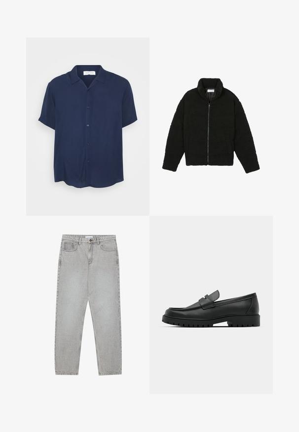 Crna, mekana jakna na patent izrađena od tkanine teksturiranog flisa. Ima visok ovratnik i bočne džepove. Pravokutnog je kroja s dugim rukavima.; Navy kratka majica s kratkim rukavima izrađena od glatkog materijala, s kopčanjem na dugmad, ovratnikom i zaobljenim rubom.; Svijetlosivi traper hlače s ravnim nogavicama, stilom s pet džepova i kopčanjem na gumb. Vidljivo šivenje duž šavova.; Crne kožne mokasine s zaobljenim vrhom, s ušivenim dizajnom, niskom platformom i teksturiranim, gumenim potplatom s izbočinama.