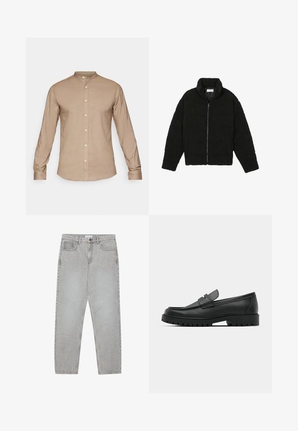 Svart, fluffy glidelåsjakke laget av teksturert fleece-stoff. Har høy krage og sidelommer. Rektangulær kropp med lange ermer.; Beige skjorte med krage, lange ermer, knappestolpe og en jevn tekstur. Har en subtil glans, standard mansjetter og ingen mønstre.; Lys grå denimbukser med rett ben-design, fem lommer og knappelukking. Synlig søm langs sømmene.; Sorte lærloafere med rund tå, med en syddesign, lav plattformsåle og en teksturert, ruggede gummisåle.