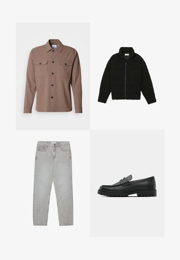 Crna, mekana jakna na patent izrađena od tkanine teksturiranog flisa. Ima visok ovratnik i bočne džepove. Pravokutnog je kroja s dugim rukavima.; Smeđa košulja na dugih rukava napravljena od teksturiranog materijala, s dva džepa na prsima i crnim dugmadima. Klasični dizajn ovratnika.; Svijetlosivi traper hlače s ravnim nogavicama, stilom s pet džepova i kopčanjem na gumb. Vidljivo šivenje duž šavova.; Crne kožne mokasine s zaobljenim vrhom, s ušivenim dizajnom, niskom platformom i teksturiranim, gumenim potplatom s izbočinama.