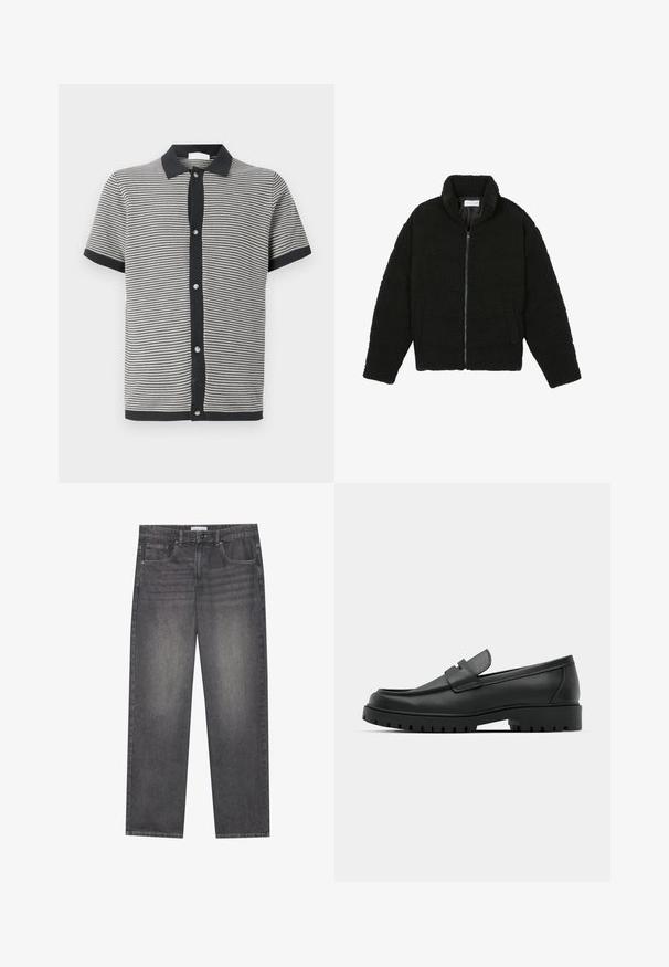 Chaqueta negra y esponjosa con cremallera, hecha de tela de forro polar texturizada. Cuenta con un cuello alto y bolsillos laterales. Forma rectangular del cuerpo con mangas largas.; Polo de manga corta en tejido de punto a rayas en blanco y negro, con cuello negro y cierre frontal de botones con herrajes plateados.; Jeans de mezclilla gris oscuro con corte recto, que cuentan con cinco bolsillos, un cierre frontal con botón y un ligero desgastado en la tela.; Mocasines de cuero negro con punta redonda, que cuentan con un diseño cosido, suela de plataforma baja y una suela de goma texturada y con tacos.