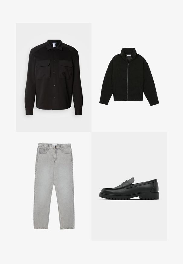 Svart, fluffy glidelåsjakke laget av teksturert fleece-stoff. Har høy krage og sidelommer. Rektangulær kropp med lange ermer.; Svart skjortejakke laget av et glatt, lett stoff. Har to brystlommer, knappelukking og spiss krage. Lange ermer med mansjetter.; Lys grå denimbukser med rett ben-design, fem lommer og knappelukking. Synlig søm langs sømmene.; Sorte lærloafere med rund tå, med en syddesign, lav plattformsåle og en teksturert, ruggede gummisåle.