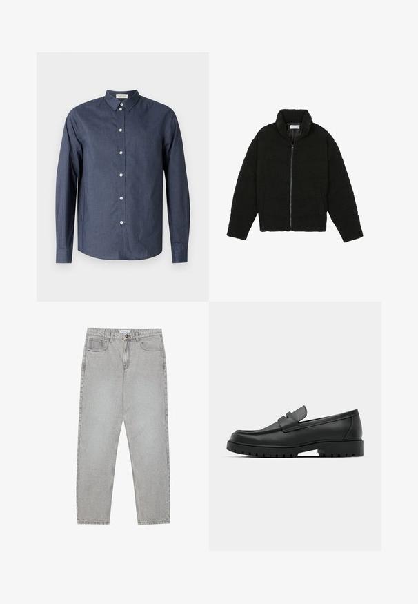 Jachetă neagră, pufoasă, cu fermoar, fabricată din material fleece texturat. Are un guler înalt și buzunare laterale. Formă dreptunghiulară a corpului cu mâneci lungi.; Cămașă cu mâneci lungi, de culoare albastru închis, cu nasturi, realizată dintr-un material neted; are un guler clasic, nasturi albi și un tiv curbat.; Pantaloni din denim gri deschis cu un design cu picioare drepte, stil cu cinci buzunare și închidere cu nasture. Cusături vizibile de-a lungul cusăturilor.; Mocasini din piele neagră cu vârful rotunjit, având un design cusut, talpă joasă și o talpă din cauciuc texturat, cu crampoane.