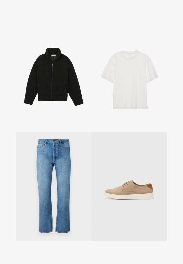 Černá, nadýchaná bunda na zip vyrobená z texturované fleecové látky. Má vysoký límec a boční kapsy. Obdélníkový tvar těla s dlouhými rukávy.; Bílá bavlněná tričko s krátkými rukávy, kulatým výstřihem a kontrastním prošíváním kolem výstřihu a rukávů.; Světlé modré džínové kalhoty s rovnými nohavicemi, které mají klasický pětikapsový design, zapínání na knoflík a kontrastní prošití.; Béžové semišové tenisky s kulatou špičkou, šněrováním vpředu a texturovaným zadním akcentem. Bílá gumová podrážka poskytuje kontrast. Jednoduchý a moderní design.