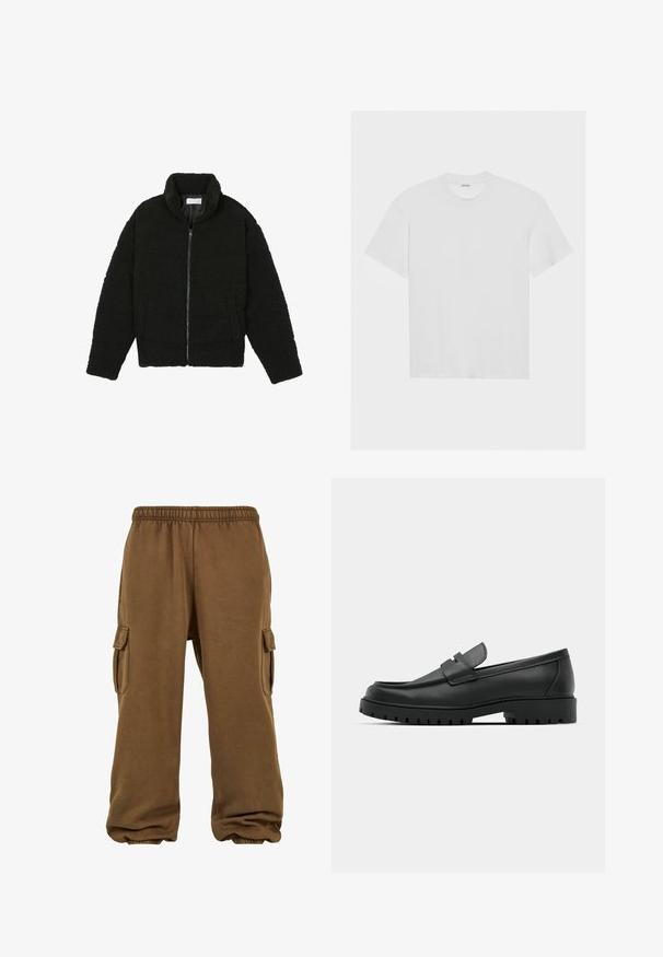 Must, kohev lukuga jope, valmistatud tekstureeritud fliiskangast. Omadusteks kõrge krae ja küljetaskud. Ristkülikukujuline keha pikkade varrukatega.; Valge puuvillane t-särk lühikeste varrukatega, ümar kaelus ja relaxed fit. Sile tekstuur ning nähtavaid mustreid või akente pole.; Pruunid dressipüksid, mis on valmistatud pehmest kangast ja millel on avar lõige, elastne vöökoht, kitsenevad varrukad ja küljetaskud.; Mustad musta nahast loafers, millel on ümar varvas, tikandiga disain, madal platvorm-soon ja tekstureeritud, soonikkummist välistald.