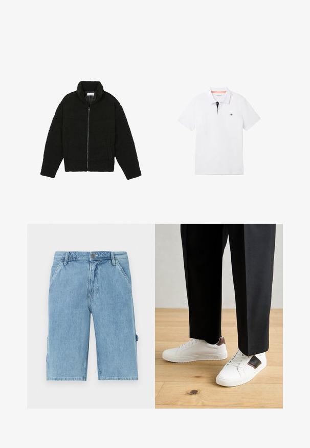 Pier One Polárdzseki - black; Fehér póló fekete gallérral, narancssárga díszítéssel, rövid ujjú, és egy kis logóval a mellkason. Lélegző pamutkeverékből készült.; Világoskék farmer rövidnadrág, egyenes szabással, elülső zsebekkel és oldalsó cargo zsebbel, elhalványult textúrával és derékpánt hurokkal.; Fehér sneaker, sima textúrával, barna bőr díszítéssel és fekete részletekkel, fekete szabott nadrággal párosítva. Fából készült padló háttér.
