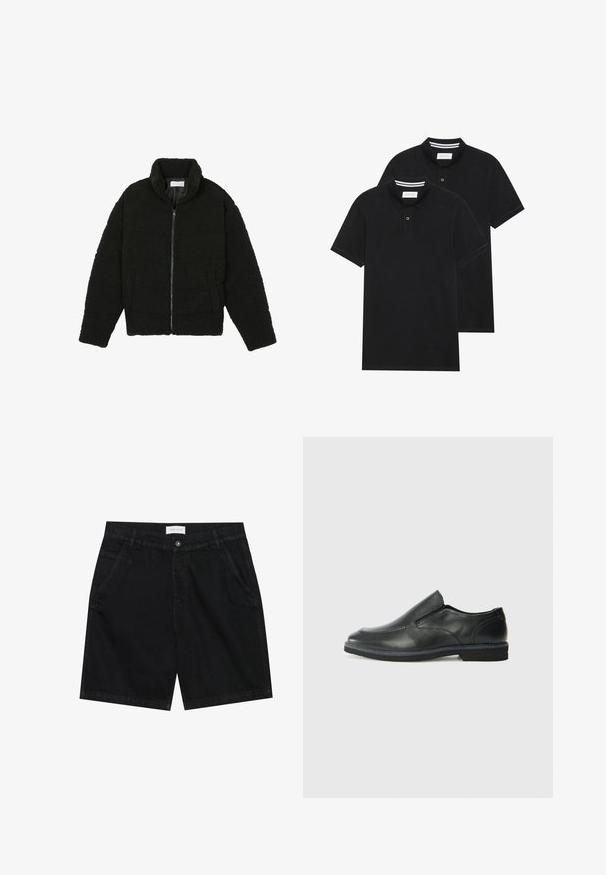 Fekete, bolyhos, cipzáras kabát texturált fleece anyagból. Magas gallérral és oldalzsebekkel rendelkezik. Téglalap alakú test és hosszú ujjak.; Két fekete pólóing, rövid ujjú, pamut anyagból készült, klasszikus gallérral, két gombos gombolással, és fehér csíkos díszítéssel a gallér belső részén.; Fekete farmer sort klasszikus fazonban, két elülső zsebbel, gombos záródással és címkével a deréknál. Texturált anyag.; Fekete bőr, slip-on cipő sima felsőrésszel, varrott díszítéssel, lekerekített orral és alacsony gumitalppal. A talpa minimális bordázattal rendelkezik.