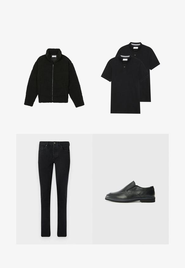 Črna, puhasta jakna z zadrgo, narejena iz teksturirane flis tkanine. Ima visok ovratnik in stranske žepe. Pravokotna oblika telesa z dolgimi rokavi.; Dve črne polo majice, kratke rokave, iz bombažnega materiala, z klasik ovratnikom, dvobodno zaponko in belimi črtkami znotraj ovratnika.; Temno modri kavbojke z ožjim krojem, petimi žepi in kovinskim gumbom za zaklepanje. Gladka tekstura in enakomerna barva po celotni površini.; Črne usnjene natikače z gladkim zgornjim delom, prišitimi detajli, zaobljenim nosom in nizkim gumijastim petkom. Podplat ima minimalen profil.