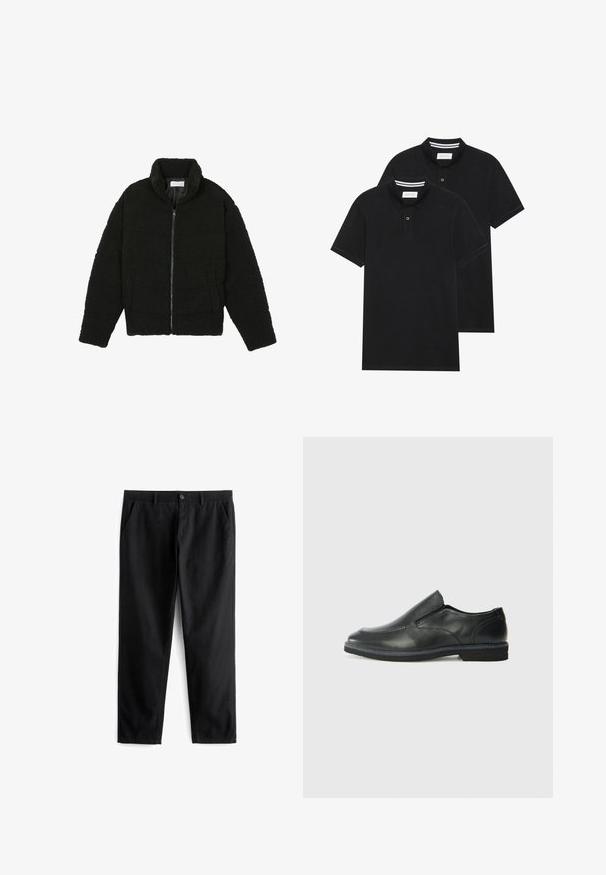 Must, kohev lukuga jope, valmistatud tekstureeritud fliiskangast. Omadusteks kõrge krae ja küljetaskud. Ristkülikukujuline keha pikkade varrukatega.; Kaks musta polo särki, lühikeste varrukatega, puuvillane materjal, klassikalise kraega, kahe nupuga kinnitusega, valgete triipudega krae sisepinnal.; Mustast riidest püksid, mis on valmistatud vastupidavast kangast, kahte esipocketit, nööp sulgemisega, lame esikülg ja sirge jala lõige.; Must musta laia suuga king, millel on sile ülemine osa, õmmeldud detailid, ümmargune nina ja madal kummist konts. Tallal on minimaalne mustr.