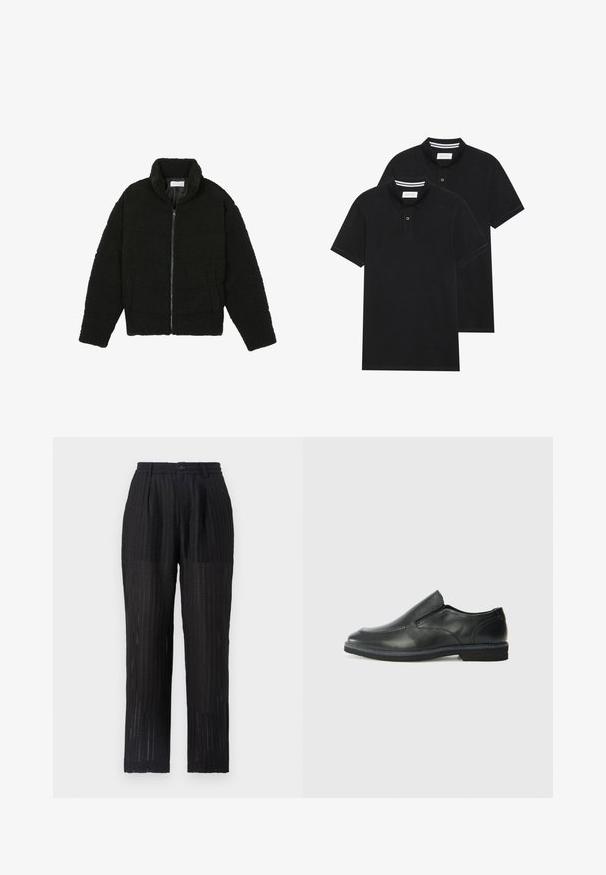 Fekete, bolyhos, cipzáras kabát texturált fleece anyagból. Magas gallérral és oldalzsebekkel rendelkezik. Téglalap alakú test és hosszú ujjak.; Két fekete pólóing, rövid ujjú, pamut anyagból készült, klasszikus gallérral, két gombos gombolással, és fehér csíkos díszítéssel a gallér belső részén.; Fekete, pliszírozott nadrág textúrált, mintás anyagból. Rugalmas derékpánttal és gombos záródással rendelkezik, egyenes szárú kialakítással.; Fekete bőr, slip-on cipő sima felsőrésszel, varrott díszítéssel, lekerekített orral és alacsony gumitalppal. A talpa minimális bordázattal rendelkezik.