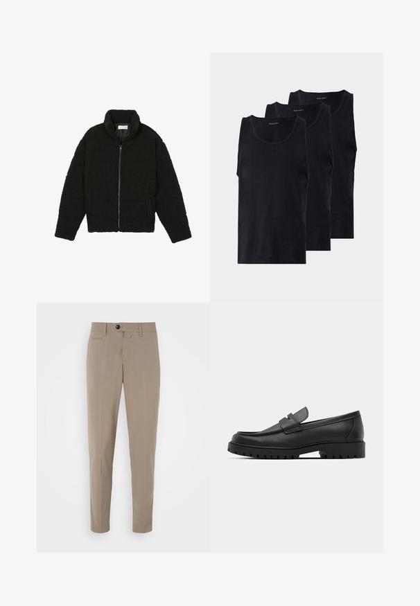 Svart, fluffy glidelåsjakke laget av teksturert fleece-stoff. Har høy krage og sidelommer. Rektangulær kropp med lange ermer.; Sorte svarte bomullstanktopper i en pakke på tre, med rund halslinning og ermeløs design, glatt tekstur og klassisk passform.; Beige skreddersydde bukser med slim fit, glidelås og en frontlomme. Laget av et glatt stoff med et klart utseende.; Sorte lærloafere med rund tå, med en syddesign, lav plattformsåle og en teksturert, ruggede gummisåle.