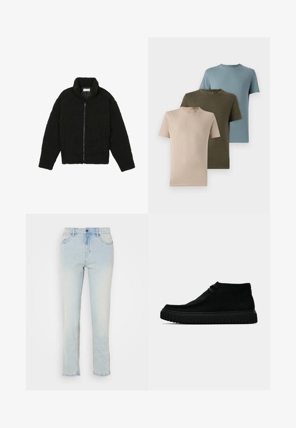 Juoda, pūkuota striukė su užtrauktuku, pagaminta iš tekstūruotos fliso medžiagos. Turi aukštą apykaklę ir šonines kišenes. Stačiakampio formos kūnas su ilgomis rankovėmis.; Trys trumpų rankovių marškinėliai smėlio, alyvų ir šviesiai mėlynos spalvos, pagaminti iš minkštos medžiagos, su apvaliu iškirpimu ir vienspalviu dizainu.; Šviesiai mėlynos džinsinės kelnės su tiesia kojų pjaustymu, turinčios priekinės kišenes, mygtuko užsegimą ir šiek tiek išblukusių detalių.; Juodi čiurniniai batai, pagaminti iš minkštos medžiagos, su apvalia nosimi, minimaliais raišteliais ir tekstūruotu guminio pado, turinčiu vertikalių griovelių.