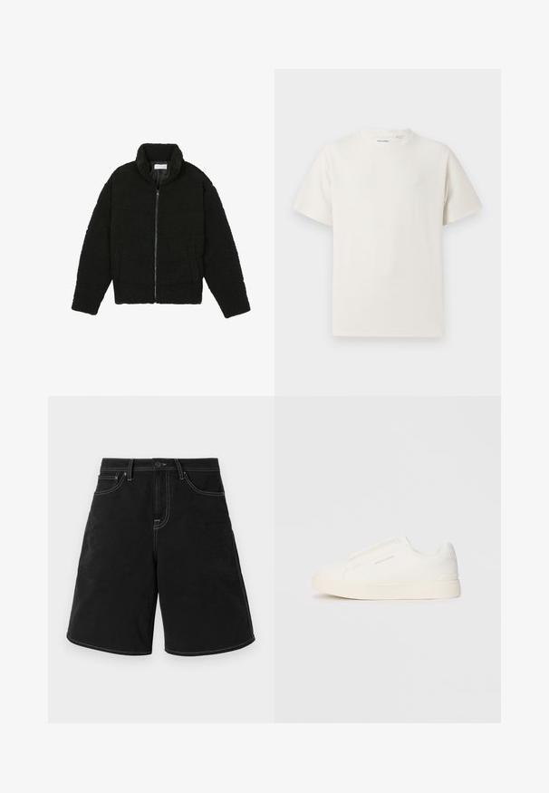 Jachetă neagră, pufoasă, cu fermoar, fabricată din material fleece texturat. Are un guler înalt și buzunare laterale. Formă dreptunghiulară a corpului cu mâneci lungi.; Tricou alb cu maneci scurte, dintr-un material ribbed. Guler rotund, croi lejer, fără modele sau accente vizibile. Design simplu și versatil.; Șorturi din denim negre cu tăietură dreaptă, cu cusături albe contrastante, buzunare frontale și talie cu nasture. Textură netedă.; Tenisi albi slip-on cu o suprafață texturată, talpă groasă și un design minimalist. Prezintă logo-ul brandului pe lateral.