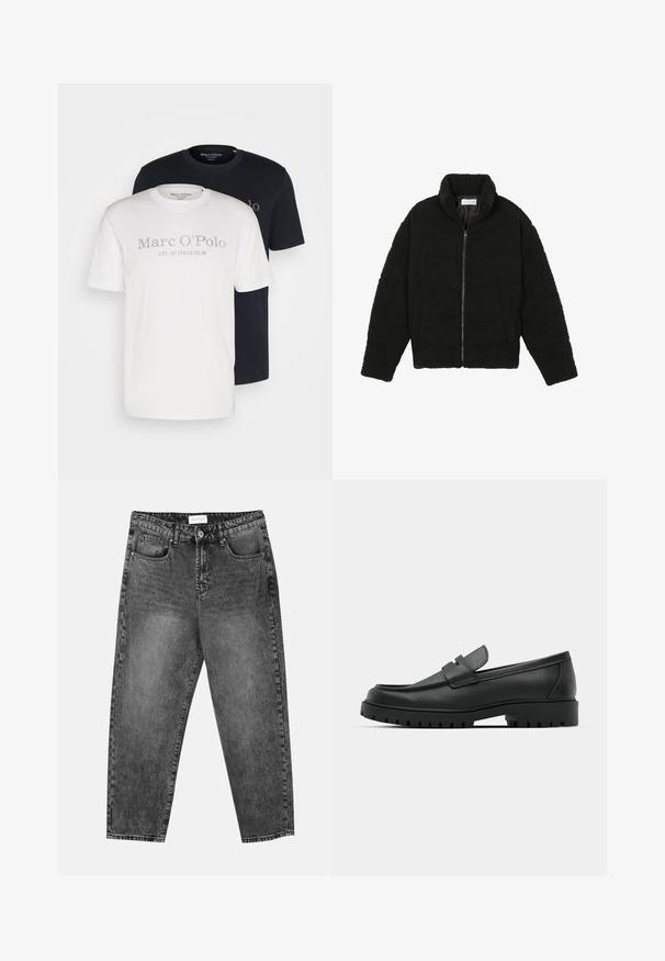 Casaco preto, fofo, com fecho e confeccionado em tecido de lã texturizada. Apresenta gola alta e bolsos laterais. Forma retangular no corpo com mangas compridas.; Duas t-shirts de algodão: uma branca com um logótipo cinza, a outra preta com um logótipo correspondente. Ambas têm gola redonda e mangas curtas.; Jean straight-leg preto deslavado com bolsos frontais e traseiros, passantes para cinto e fecho de botão na cintura.; Sapatilhas de couro preto com bico arredondado, apresentando um design cosido, sola de plataforma baixa e um solado de borracha texturizado e com cravos.