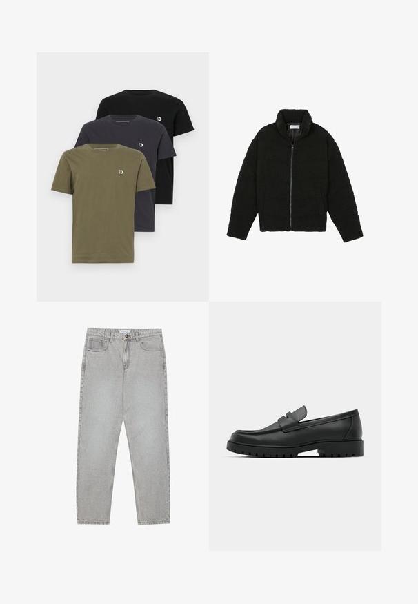 Črna, puhasta jakna z zadrgo, narejena iz teksturirane flis tkanine. Ima visok ovratnik in stranske žepe. Pravokotna oblika telesa z dolgimi rokavi.; Tri kratke majice s kratkimi rokavi v olivno zeleni, temno sivi in črni barvi. Narejene iz mehkega bombaža, vsaka ima majhen logotip na prsih.; Svetlo sivi traper hlače s ravnim krojem, pet žepov in gumbom za zapiranje. Vidno šivanje ob šivih.; Črne usnjene loafers čevlje z zaobljenim nosom, ki imajo šivano zasnovo, nizko platformo in teksturiran, profiliran gumijast podplat.