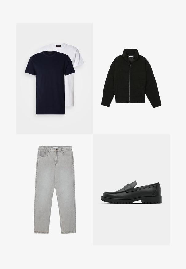 Pier One Fleecejakke - black; To cotton t-shirts: en marineblå og en hvid, begge med korte ærmer og rund hals, glat tekstur og ingen synlige mønstre.; Lysegrå denimbukser med lige ben, fem lommer og knaplukning. Synlig syning langs sømmene.; Sorte læder loafers med rund tå, der har et syet design, lav platformssål og en struktureret, skridsikker gummisål.