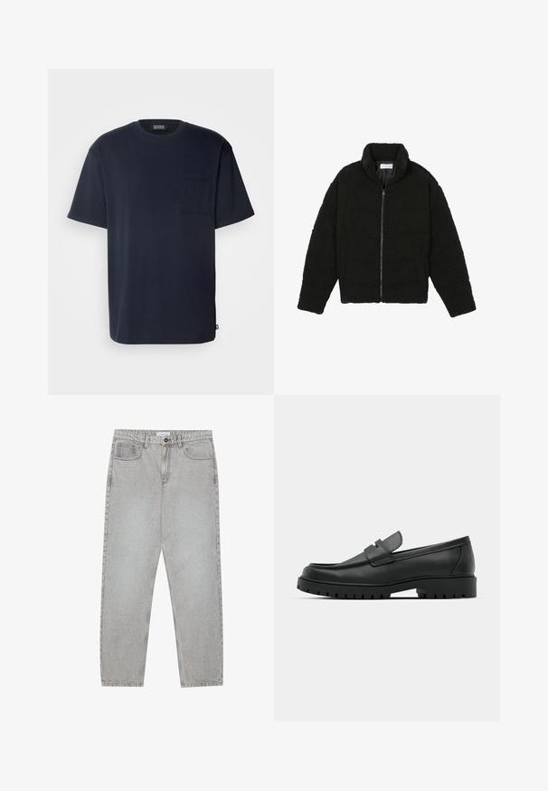 Must, kohev lukuga jope, valmistatud tekstureeritud fliiskangast. Omadusteks kõrge krae ja küljetaskud. Ristkülikukujuline keha pikkade varrukatega.; Tumesinine lühikeste varrukatega T-särk, mis on valmistatud pehmest puuvillast. Omab rinna taskut ja lõdva istuvusega siluetti, millel on kumer äär. Klassikaline ümmargune kaelus.; Heledad hallide denimpüksid otse säärekujundusega, viie-taskulise stiliseerimise ja nupukinnitusega. Nähtav õmblus kõrvuti.; Mustad musta nahast loafers, millel on ümar varvas, tikandiga disain, madal platvorm-soon ja tekstureeritud, soonikkummist välistald.