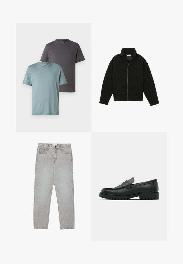 Černá, nadýchaná bunda na zip vyrobená z texturované fleecové látky. Má vysoký límec a boční kapsy. Obdélníkový tvar těla s dlouhými rukávy.; Dvě trička s kulatým výstřihem v různých barvách: jedno světle tyrkysové a jedno tmavě šedé. Obě mají krátké rukávy a hladkou bavlněnou texturu.; Světlé šedé džíny s rovnými nohavicemi, pět kapsami a knoflíkovým zapínáním. Viditelné švy podél švů.; Černé kožené mokasíny s kulatou špičkou, zdobené prošitím, s nízkou platformou a texturovanou gumovou podrážkou s drážkováním.