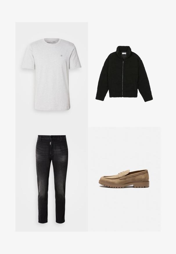 Sort, luftig, lynlåstrøje lavet af tekstureret fleece-stof. Har en høj krave og sidelommer. Rektangulær kropsform med lange ærmer.; Lys grå bomulds T-shirt med korte ærmer, rund halsudskæring og broderet logo på brystet. Blød tekstur og standard pasform.; Sorte denimjeans med lige pasform, der har knaplukning, fem lommer og diskret falmning i stoffets tekstur.; Tan mockasiner i ruskind med rund tå, flad gummisål og dekorative syninger på overdelen. Har et slip-on design uden snørebånd.