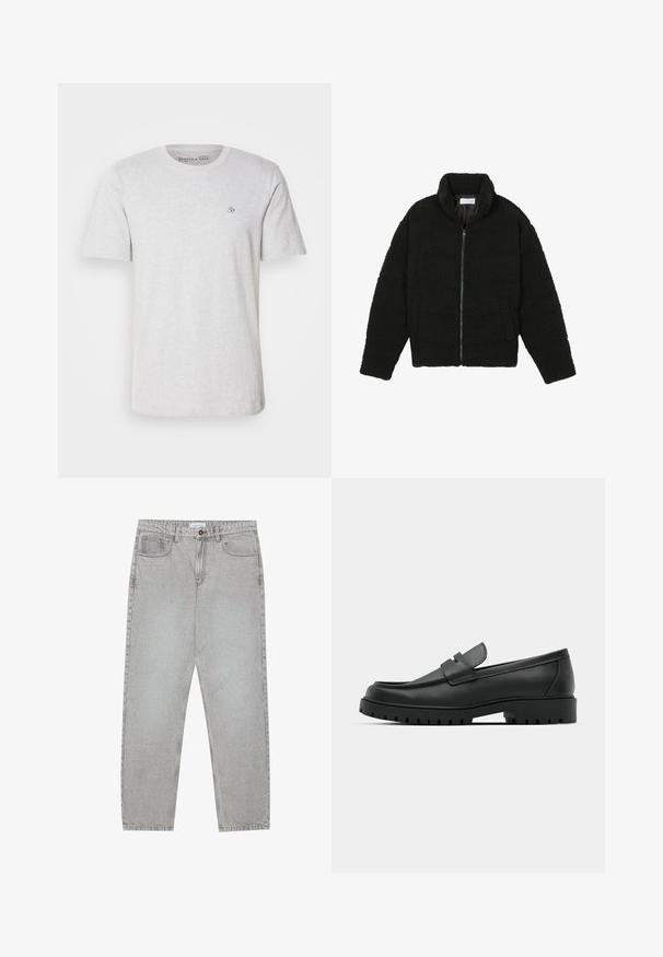 Pier One Casaco polar - black; T-shirt de algodão cinza claro com mangas curtas, decote redondo e logótipo bordado no peito. Textura suave e ajuste padrão.; Calças de ganga cinza claro com um design de perna reta, estilo de cinco bolsos e fecho com botão. Costura visível ao longo das costuras.; Sapatilhas de couro preto com bico arredondado, apresentando um design cosido, sola de plataforma baixa e um solado de borracha texturizado e com cravos.