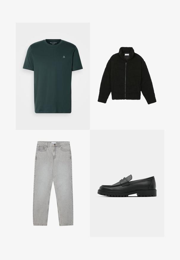Casaco preto, fofo, com fecho e confeccionado em tecido de lã texturizada. Apresenta gola alta e bolsos laterais. Forma retangular no corpo com mangas compridas.; T-shirt verde escuro feito de tecido macio, com decote redondo e mangas curtas. Logótipo bordado no lado esquerdo do peito.; Calças de ganga cinza claro com um design de perna reta, estilo de cinco bolsos e fecho com botão. Costura visível ao longo das costuras.; Sapatilhas de couro preto com bico arredondado, apresentando um design cosido, sola de plataforma baixa e um solado de borracha texturizado e com cravos.