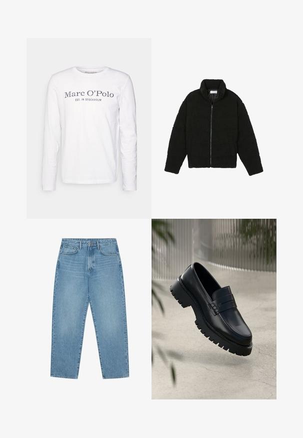 Casaco preto, fofo, com fecho e confeccionado em tecido de lã texturizada. Apresenta gola alta e bolsos laterais. Forma retangular no corpo com mangas compridas.; Marc O'Polo LONG SLEEVE CLASSIC - Camisola de manga comprida - white; Calças de ganga azul-claro com corte de perna reta, design de cinco bolsos e textura ligeiramente desbotada. Apresentam fecho de botão e zipper.; Mocassins de couro preto com sola de rasto espesso, apresentando uma tira decorativa e detalhes de costura. Textura suave com um acabamento polido.