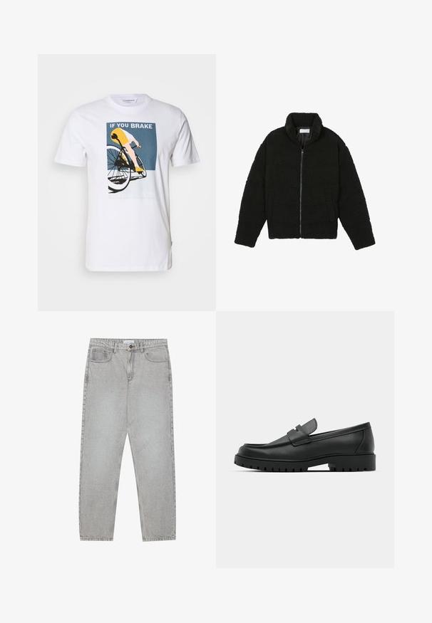 Černá, nadýchaná bunda na zip vyrobená z texturované fleecové látky. Má vysoký límec a boční kapsy. Obdélníkový tvar těla s dlouhými rukávy.; Bílý bavlněný tričko s grafikou bicyklu. Design obsahuje cyklistu v žluté a modré barvě s textem: "KDYŽ ZASTAVÍŠ, NEVYHRAJEŠ."; Světlé šedé džíny s rovnými nohavicemi, pět kapsami a knoflíkovým zapínáním. Viditelné švy podél švů.; Černé kožené mokasíny s kulatou špičkou, zdobené prošitím, s nízkou platformou a texturovanou gumovou podrážkou s drážkováním.