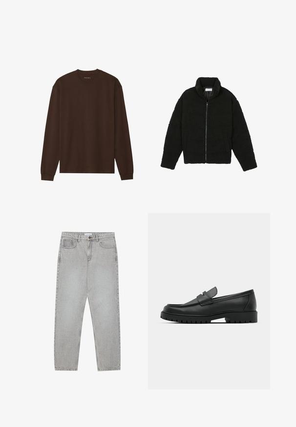 Crna, mekana jakna na patent izrađena od tkanine teksturiranog flisa. Ima visok ovratnik i bočne džepove. Pravokutnog je kroja s dugim rukavima.; Dugmadna dugosleeve smeđa majica od mekanog materijala, s okruglim izrezom i opuštenim krojem, s rebrastim manžetama i rubom. Bez grafikona ili uzoraka.; Svijetlosivi traper hlače s ravnim nogavicama, stilom s pet džepova i kopčanjem na gumb. Vidljivo šivenje duž šavova.; Crne kožne mokasine s zaobljenim vrhom, s ušivenim dizajnom, niskom platformom i teksturiranim, gumenim potplatom s izbočinama.