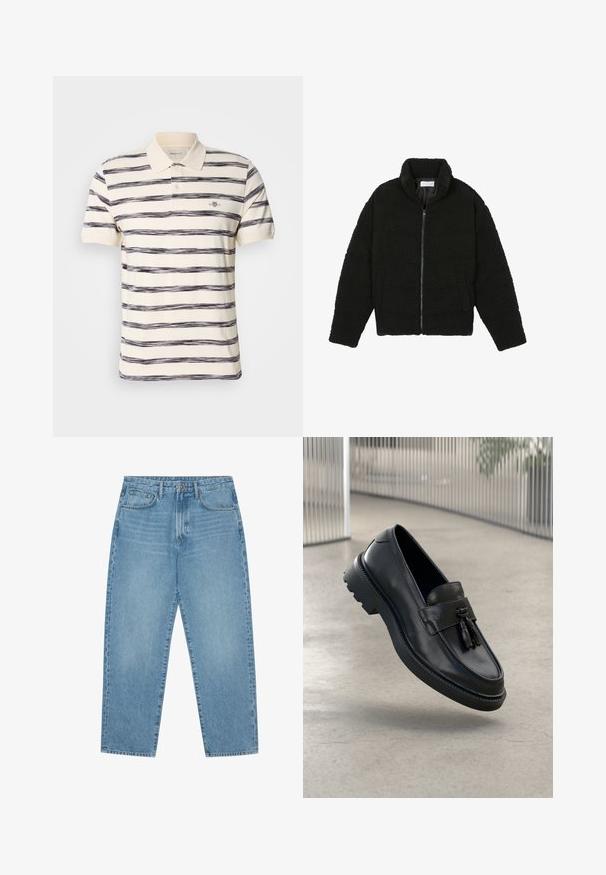 Melnā, pūkaina pārvelkama jaka no teksturēta flīsa auduma. Aprīkota ar augstu apkakli un sānu kabatām. Taisnstūra formas ķermenis ar garām piedurknēm.; Svītrota polo krekls krēmkrāsā ar tumši ziliem horizontāliem svītrām. Iespējas ietver salocītu apkakli, divus pogas un mazu zīmola logo uz krūtīm.; Gaiši zili džinsa rūtaini bikses ar taisnas kājas griezumu, piecu kabatu dizainu un nedaudz izbalējušu tekstūru. Aprīkotas ar pogu un rāvējslēdzēja aizdari.; Melnas ādas loaferi ar gludu apdari, dekoratīvu bārkstīm, biezu gumijas zolīti un izšūtām detaļām. Viegls un elegants dizains.