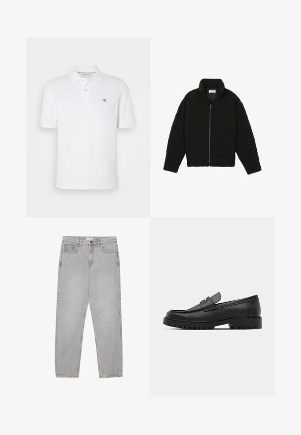 Veste noire duveteuse avec fermeture éclair, fabriquée en tissu polaire texturé. Comprend un col montant et des poches latérales. Forme rectangulaire du corps avec manches longues.; Polo-shirt blanc en coton, doté d'un col classique, de manches courtes et d'un petit logo brodé sur la poitrine gauche.; Pantalon en denim gris clair avec une coupe droite, cinq poches et une fermeture à bouton. Coutures visibles le long des coutures.; Mocassins en cuir noir à bout arrondi, avec un design cousu, une semelle plateforme basse et une semelle en caoutchouc texturée et crantée.