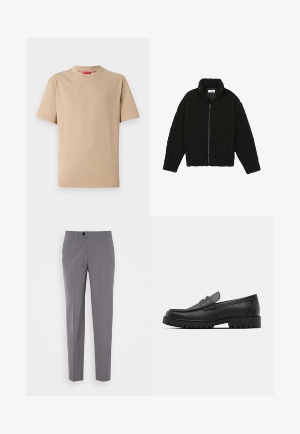 Casaco preto, fofo, com fecho e confeccionado em tecido de lã texturizada. Apresenta gola alta e bolsos laterais. Forma retangular no corpo com mangas compridas.; T-shirt de algodão bege com mangas curtas, decote redondo e discreto logótipo "HUGO" no centro. Textura suave, ajuste relaxado.; Calças cinzentas de corte ajustado com uma textura suave, design de perna reta, fecho de botão único e bolsos frontais. Sem padrões ou detalhes visíveis.; Sapatilhas de couro preto com bico arredondado, apresentando um design cosido, sola de plataforma baixa e um solado de borracha texturizado e com cravos.