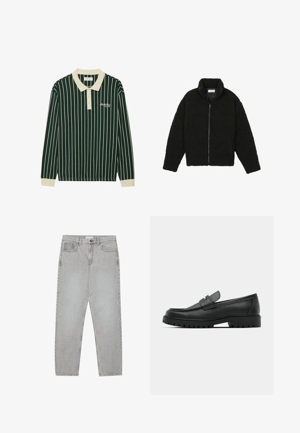 Pier One Flīsa jaka - black; Tumšzaļš garām piedurknēm polo krekls ar baltām vertikālām svītrām. Ar beigu krāsas apkakli, trīs pogu apdari un izšūtu logo.; Gai pelēko džinsu bikses ar taisnajām kājām, piecu kabatu stilu un pogu aizdari. Redzama šuvju apstrāde gar šuvēm.; Melnas ādas loafers ar noapaļotu purngalu, ar izšūtu dizainu, zemu platformas zoli un teksturētu, rievotu gumijas ārējo zoli.