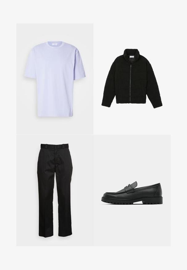 Svart, fluffy glidelåsjakke laget av teksturert fleece-stoff. Har høy krage og sidelommer. Rektangulær kropp med lange ermer.; Enkel, lys lilla kortermet bomulls-T-skjorte med rund hals og en liten etikett på innsiden av halslinningen.; Svarte bukser laget av et glatt stoff, med rette ben, belteholdere og to sidelommer. Klassisk utseende uten pynt.; Sorte lærloafere med rund tå, med en syddesign, lav plattformsåle og en teksturert, ruggede gummisåle.
