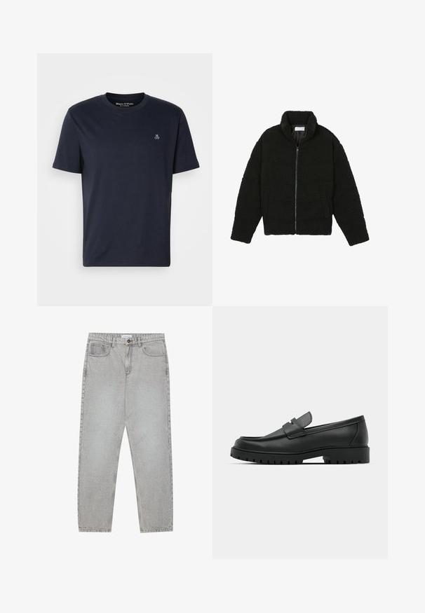 Juoda, pūkuota striukė su užtrauktuku, pagaminta iš tekstūruotos fliso medžiagos. Turi aukštą apykaklę ir šonines kišenes. Stačiakampio formos kūnas su ilgomis rankovėmis.; Tamsiai mėlyna medvilnės marškinėliai su trumpomis rankovėmis, apvaliu iškirpimu ir mažuoju išsiuvinėtu logotipu krūtinėje. Lygus paviršius, kasdieniško dizaino.; Šviesiai pilki džinsai su tiesiu kirpimu, penkiais kišenėmis ir mygtuko uždarymu. Matoma siuvimo linija palei siūles.; Juodi odiniai loaferiai su apvalia nosimi, su siuvinėtu dizainu, žemu platformos padu ir tekstūruotu, sukibimo raštu padu.