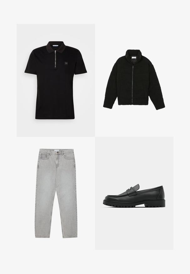 Black, fluffy, zip-up jacket made from textured fleece fabric. Features a high collar and side pockets. Rectangular body shape with long sleeves.; Black polo shirt featuring a short zip collar, cotton fabric, a small logo patch on the chest, and short sleeves.; Light grey denim pants with a straight-leg design, five-pocket styling, and a button closure. Visible stitching along the seams.; Black leather loafers with a rounded toe, featuring a stitched design, low platform sole, and a textured, lugged rubber outsole.