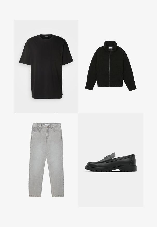 Sort, luftig, lynlåstrøje lavet af tekstureret fleece-stof. Har en høj krave og sidelommer. Rektangulær kropsform med lange ærmer.; Sort T-shirt med korte ærmer lavet af bomuld. Har en brystlomme og en afslappet pasform. Enkel design uden synlige mønstre eller detaljer.; Lysegrå denimbukser med lige ben, fem lommer og knaplukning. Synlig syning langs sømmene.; Sorte læder loafers med rund tå, der har et syet design, lav platformssål og en struktureret, skridsikker gummisål.