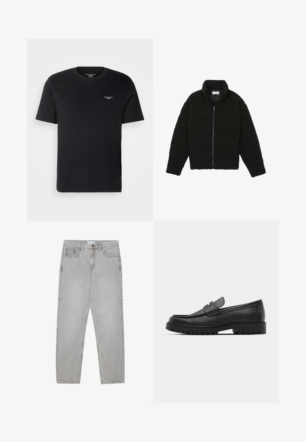 Black, fluffy, zip-up jacket made from textured fleece fabric. Features a high collar and side pockets. Rectangular body shape with long sleeves.; Black short-sleeve t-shirt made of cotton, featuring a crew neck and a small white logo on the left chest area. Simple, classic design.; Light grey denim pants with a straight-leg design, five-pocket styling, and a button closure. Visible stitching along the seams.; Black leather loafers with a rounded toe, featuring a stitched design, low platform sole, and a textured, lugged rubber outsole.