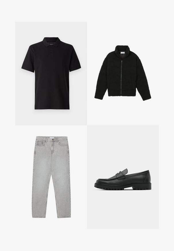 Jachetă neagră, pufoasă, cu fermoar, fabricată din material fleece texturat. Are un guler înalt și buzunare laterale. Formă dreptunghiulară a corpului cu mâneci lungi.; Cămașă polo neagră din bumbac, cu mâneci scurte, guler clasic și închidere cu trei butoane. Material texturat cu o finisare netedă.; Pantaloni din denim gri deschis cu un design cu picioare drepte, stil cu cinci buzunare și închidere cu nasture. Cusături vizibile de-a lungul cusăturilor.; Mocasini din piele neagră cu vârful rotunjit, având un design cusut, talpă joasă și o talpă din cauciuc texturat, cu crampoane.