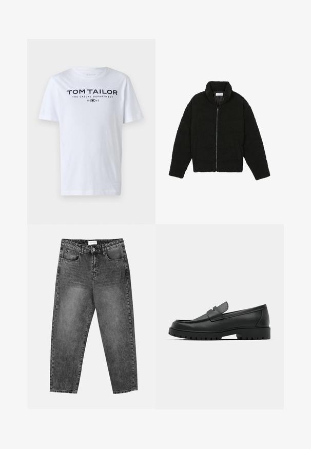 Giacca nera, soffice e con chiusura a zip, realizzata in tessuto in pile testurizzato. Presenta un collo alto e tasche laterali. Forma del corpo rettangolare con maniche lunghe.; T-shirt bianco in cotone con collo tondo, maniche corte e testo blu navy che recita "TOM TAILOR THE CASUAL DEPARTMENT 1962."; Jeans neri con lavaggio, a gamba dritta, con tasche frontali e posteriori, passanti per cintura e chiusura a bottone in vita.; Mocassini in pelle nera con punta rotonda, caratterizzati da un design cucito, suola piatta bassa e un battistrada in gomma testurizzata e scolpita.