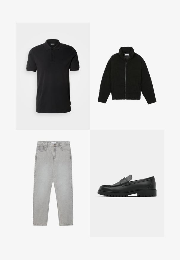 Pier One Fleecejakke - black; Sort polo-shirt lavet af bomuld, med en klassisk krave, tre-knaps placket, korte ærmer og et subtilt logo på brystet.; Lysegrå denimbukser med lige ben, fem lommer og knaplukning. Synlig syning langs sømmene.; Sorte læder loafers med rund tå, der har et syet design, lav platformssål og en struktureret, skridsikker gummisål.