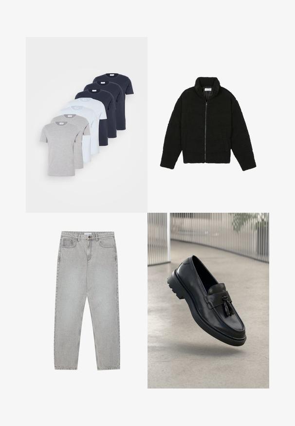 Črna, puhasta jakna z zadrgo, narejena iz teksturirane flis tkanine. Ima visok ovratnik in stranske žepe. Pravokotna oblika telesa z dolgimi rokavi.; Šest kratkih rukava majica v sivi, svetlo modri in mornarsko modri barvi, izdelanih iz bombaža. Vsaka ima okroglo ovratnik in običajen kroj.; Svetlo sivi traper hlače s ravnim krojem, pet žepov in gumbom za zapiranje. Vidno šivanje ob šivih.; Črni usnjeni mokasini z gladkim zaključkom, dekorativnimi cofki, debelim gumijastim podplatom in všitimi poudarki. Lahka in elegantna zasnova.