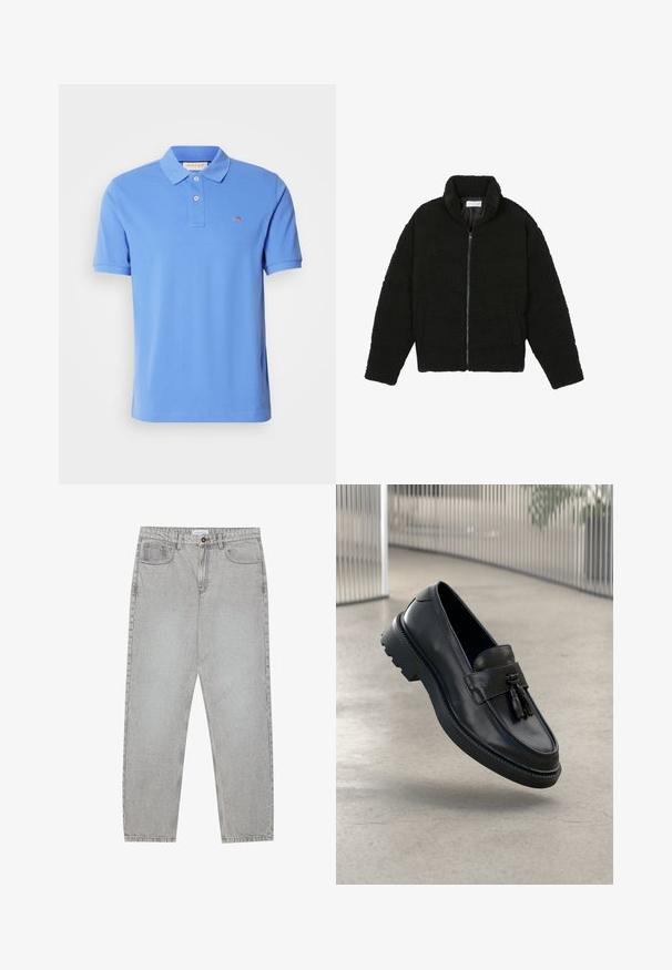 Jachetă neagră, pufoasă, cu fermoar, fabricată din material fleece texturat. Are un guler înalt și buzunare laterale. Formă dreptunghiulară a corpului cu mâneci lungi.; Polo bleu din bumbac, cu o guler clasic, placket cu două butoane și un logo brodat pe piept. Mâneci scurte.; Pantaloni din denim gri deschis cu un design cu picioare drepte, stil cu cinci buzunare și închidere cu nasture. Cusături vizibile de-a lungul cusăturilor.; Mocasini negri din piele cu finisaj neted, ciucure decorativ, talpă groasă din cauciuc și accente cusute. Design ușor și elegant.