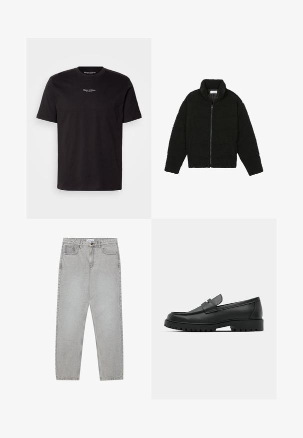 Must, kohev lukuga jope, valmistatud tekstureeritud fliiskangast. Omadusteks kõrge krae ja küljetaskud. Ristkülikukujuline keha pikkade varrukatega.; Must must have lühikeste varrukatega, ümmarguse kaelusega ja valge logo trükiga rinnal. Lihtne, klassikaline disain.; Heledad hallide denimpüksid otse säärekujundusega, viie-taskulise stiliseerimise ja nupukinnitusega. Nähtav õmblus kõrvuti.; Mustad musta nahast loafers, millel on ümar varvas, tikandiga disain, madal platvorm-soon ja tekstureeritud, soonikkummist välistald.