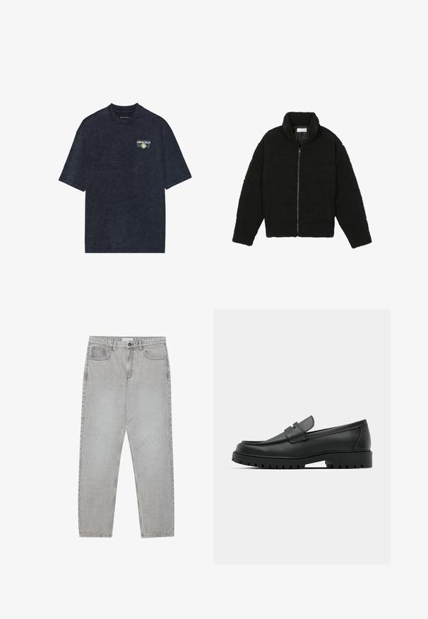 Fekete, bolyhos, cipzáras kabát texturált fleece anyagból. Magas gallérral és oldalzsebekkel rendelkezik. Téglalap alakú test és hosszú ujjak.; Sötétkék, rövid ujjú póló puha pamutból, kicsi Limoncello grafikával a mellrészen virágos motívumokkal. Lazán illeszkedő, kerek nyakú.; Világosszürke farmernadrág egyenes szabással, öt zsebes stílusban, gombos záródással. Látható varrások az illesztéseknél.; Fekete bőr loafer cipők kerek orral, varrott mintázattal, alacsony platformtalpú és texturált, barázdált gumitalppal.