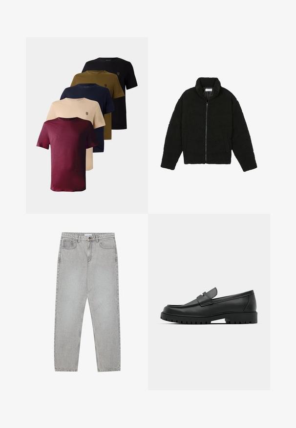 Musta, pörröinen vetoketjullinen takki, valmistettu teksturoidusta fleecemateriaalista. Siinä on korkea kaulus ja sivutaskut. Suorakaiteen muotoinen vartalo ja pitkät hihat.; Viisi lyhythihaista t-paitaa, jotka on esitelty punaisena, beigeenä, laivastonsinisenä, oliivinvihreänä ja mustana. Paidoissa on pyöreä kaula-aukko ja pieni logo rinnassa.; Vaaleanharmaat farkut, joissa on suora lahje, viisi taskua ja nappisulku. Saumojen varrella näkyvä ompelu.; Musta nahkaloafers, joissa on pyöreä kärki, ommeltu pinta, matala alusta ja kuvioitu, kuminen ulkopohja.