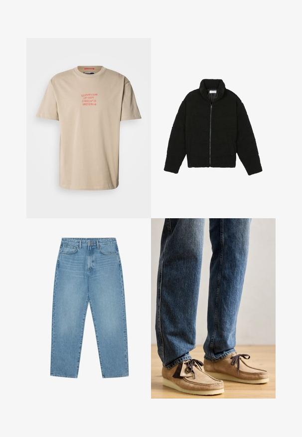 Black, fluffy, zip-up jacket made from textured fleece fabric. Features a high collar and side pockets. Rectangular body shape with long sleeves.; Beige cotton t-shirt with a crew neck, short sleeves, and red printed text: "SCOTCH & SODA ART DEPT. CLASS OF '85 AMSTERDAM."; Light blue denim jeans with a straight-leg cut, five-pocket design, and a slightly faded texture. Features a button and zipper closure.; Suede moccasins in tan with dark brown accent, rounded toe, and plush white sole. Features lace-up design and stitched detailing.