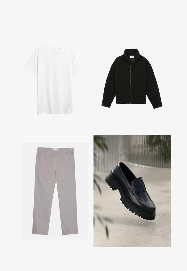 Fekete, bolyhos, cipzáras kabát texturált fleece anyagból. Magas gallérral és oldalzsebekkel rendelkezik. Téglalap alakú test és hosszú ujjak.; Fehér, rövid ujjú, V nyakú póló pamutból. Lazán illeszkedik, sima textúrával rendelkezik, látható minták vagy grafika nélkül.; Világosszürke pamut nadrág, elasztikus derékrésszel, két oldalsó zsebbel, egyenes szárú kialakítással és sima textúrával. Egyszerű varrási részlet.; Fekete bőr loaferek masszív talppal, díszes pánttal és varrási részletekkel. Simább textúrájú, fényes felületű.