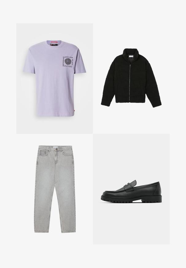 Musta, pörröinen vetoketjullinen takki, valmistettu teksturoidusta fleecemateriaalista. Siinä on korkea kaulus ja sivutaskut. Suorakaiteen muotoinen vartalo ja pitkät hihat.; Laventelinvärinen puuvillapaita, jossa on pyöreä pääntie, lyhyet hihat ja musta spiraalimuotoilu vasemmassa rinnassa. Tagi näkyvissä kauluksessa.; Vaaleanharmaat farkut, joissa on suora lahje, viisi taskua ja nappisulku. Saumojen varrella näkyvä ompelu.; Musta nahkaloafers, joissa on pyöreä kärki, ommeltu pinta, matala alusta ja kuvioitu, kuminen ulkopohja.