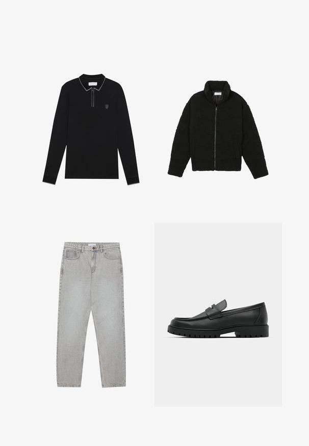 Zwarte, pluizige jas met ritssluiting gemaakt van gestructureerde fleece stof. Heeft een hoge kraag en zijzakken. Rechthoekige lichaamsvorm met lange mouwen.; Zwart poloshirt met lange mouwen en een ritskraag, contrasterende grijze afwerking en een klein geborduurd embleem op de borst. Zacht materiaal.; Lichtgrijze denimbroek met een recht model, vijfzakkenstijl en een knoopsluiting. Zichtbare stiksels langs de naden.; Zwarte leren instappers met een ronde neus, voorzien van een gestikt ontwerp, een lage platformzool en een gestructureerde, grof rubberen buitenzool.