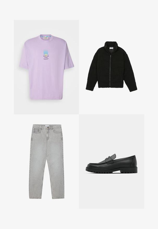 Must, kohev lukuga jope, valmistatud tekstureeritud fliiskangast. Omadusteks kõrge krae ja küljetaskud. Ristkülikukujuline keha pikkade varrukatega.; Lavendlise hall t-särk lühikeste varrukatega, millel on keskne graafika kiirtest ja ringikujulisest embleemist. Ümar kaelus, mugav lõige.; Heledad hallide denimpüksid otse säärekujundusega, viie-taskulise stiliseerimise ja nupukinnitusega. Nähtav õmblus kõrvuti.; Mustad musta nahast loafers, millel on ümar varvas, tikandiga disain, madal platvorm-soon ja tekstureeritud, soonikkummist välistald.